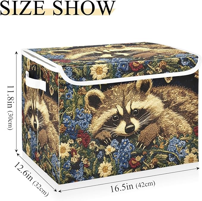 Storage Cube with Lid Raccoon with Floral Print 16.5×12.6×11.8 IN Collapsible Large Capacity Foldable Storage Basket Bin Organizer
