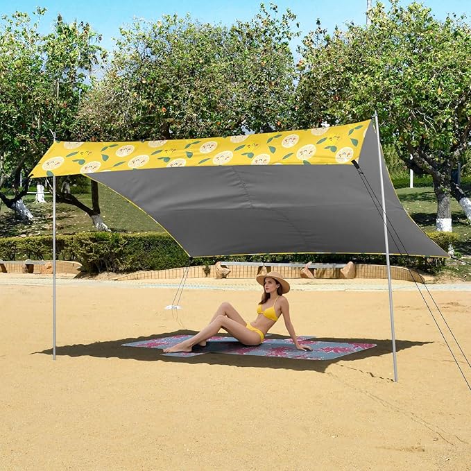 ALAZA Lemon Cartoon Beach Tent Sun Shelter UPF50+ Protection Beach Shade Canopy w/ 4 Sandbags for Outdoor Camping Fishing Backyard Fun Picnic 10x9 ft