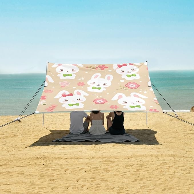 Beach Canopy with Windproof Ropes &amp Sandbags Beach Tent Sun Shade Sun Shelter for Camping Trips Fishing Backyard Fun or Picnics Rabbit