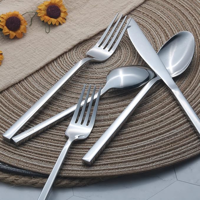 Alata Cube 65-Piece Forged Stainless Steel Flatware Set Cutlery Set with Utensil-Serving Set Silverware Set Service for 12 Mirror Finish Dishwasher Safe