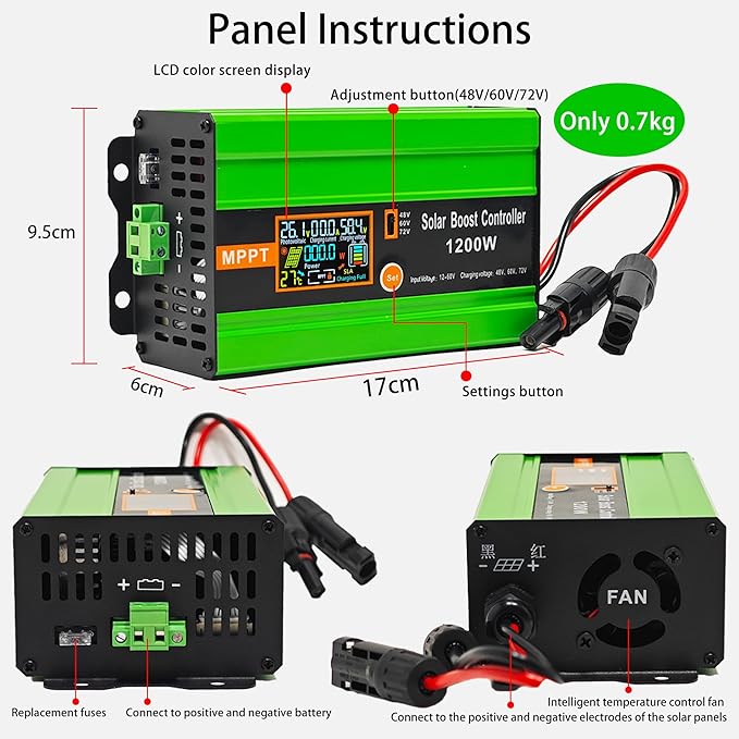 30A Boost MPPT Solar Charge Controller 72V/60V/48V 1200W Controller with LCDOutput Max 15A for LiFePO4/Lithium/Lead Acid Battery for RV/Solar System/Golf CartSmart Cooling &amp Full Protection