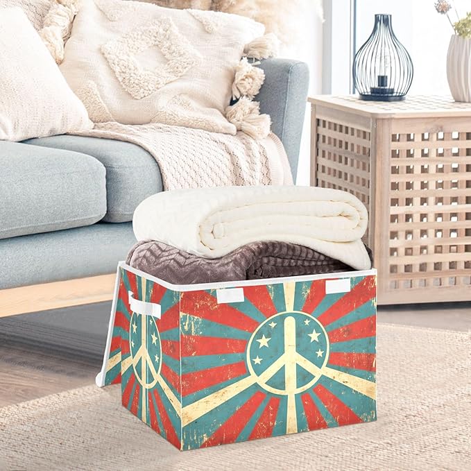 Storage Cube with Lid Retro Peace Sign Print 16.5×12.6×11.8 IN 1 Pack Collapsible Large Capacity Foldable Storage Basket Bin Organizer
