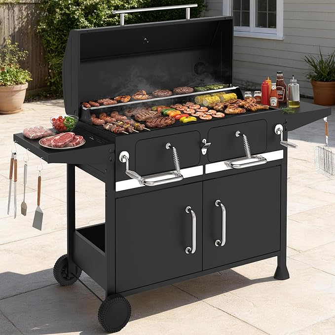 NATURAL EXPRESSIONS Charcoal Grills BBQ grill36 in Large Smoker Grill with Dual-Zone Lifting TraysHeavy Duty Charcoal Grill with Foldable Side TablesLarge Outdoor Grill for BackyardBBQParty