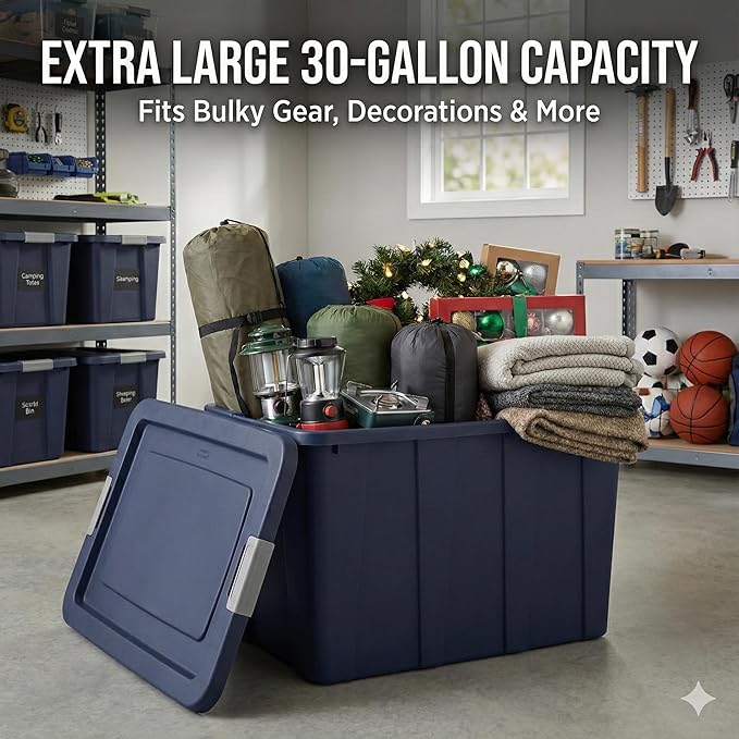 30 Gallon Heavy-Duty Storage Tote with Locking Lid | Rugged Plastic Storage Bin for Garage Basement &amp Attic Organization | Extra-Large 30 Gal Capacity Stackable Design - Dark Blue
