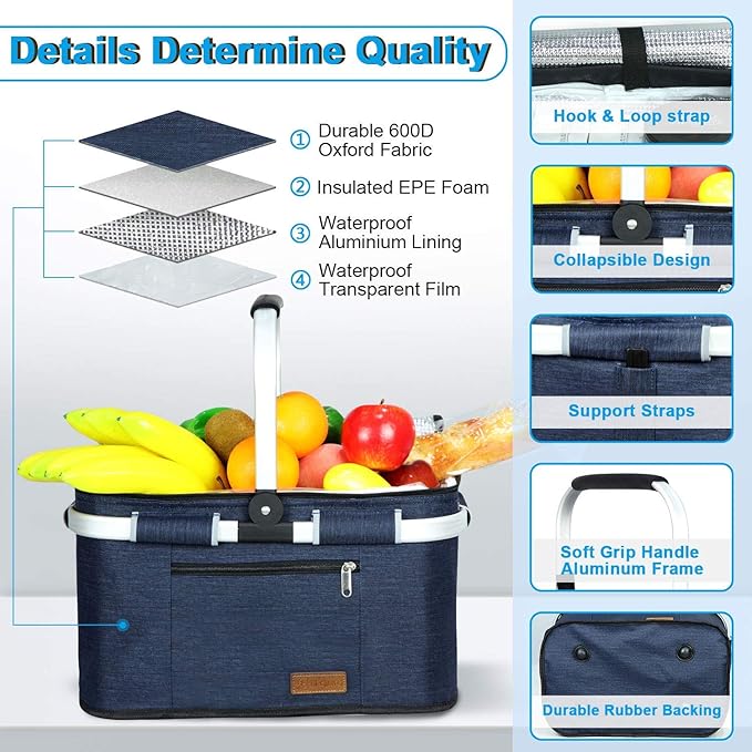 LIQING 35L Large Picnic Basket 2 Layers of Internal Pockets Leak-Proof and Insulated Folding with Internal Support for enhansed Stability Wedding Gifts for Couple(Navy Blue)
