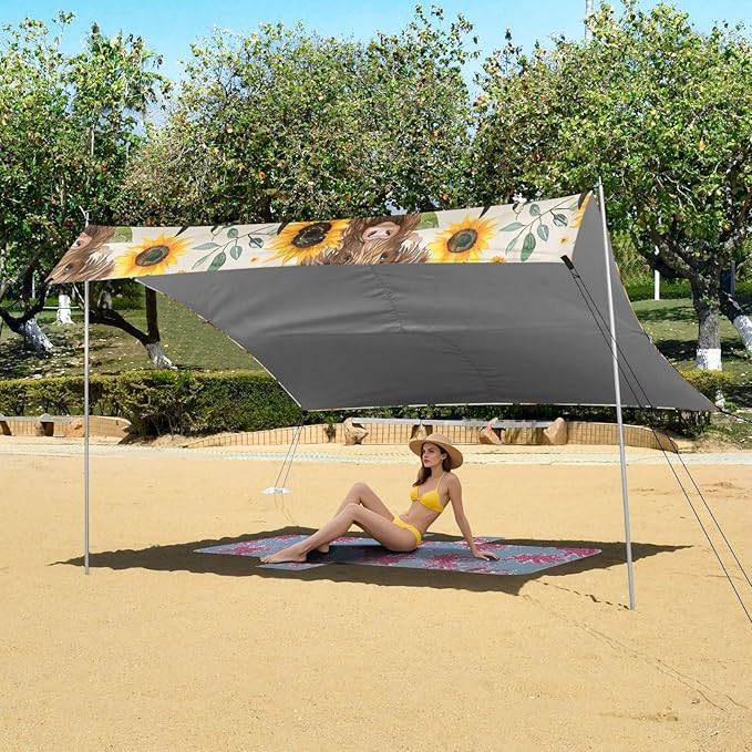 ALAZA Sunflower Highland Cows Pattern Beach Tent Sun Shelter Portable Canopy Sunshade for Outdoor Camping Picnics Backyard Fun 10x9 ft