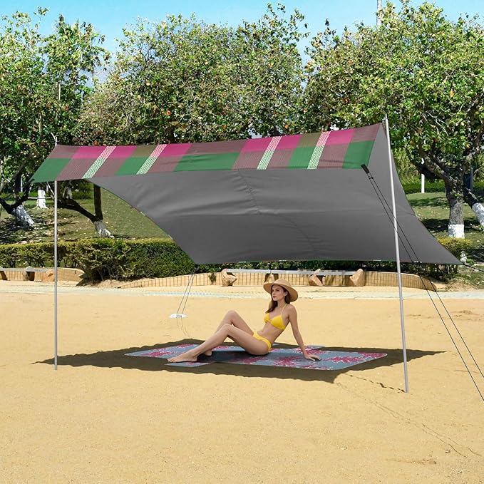 xigua Plaid Beach Tent Sun Shelter with Carrying Bag - Silver Coated Oxford Fabric Beach Canopy for Beach Camping Fishing - Includes Windproof Ropes Sandbags &amp Stakes