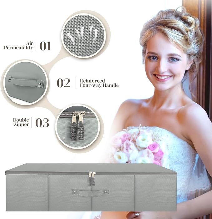 Wedding Dress Storage Box Wedding Dress Preservation Box With 50 Sheets of Acid Free Tissue Paper Microfiber Gloves and Clothing Desiccants Bridal Essentials for WeddingKeepsake (Gray)