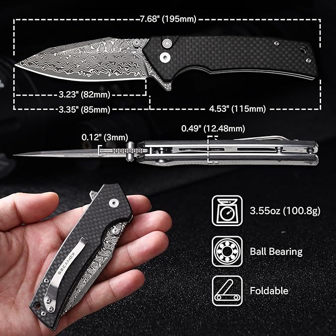 Damascus Pocket Knife for Men 3.35 Sharp Damascus Steel Blade Folding Knives Carbon-Faced G10 Handle EDC Knifes for Camping Hiking Collection