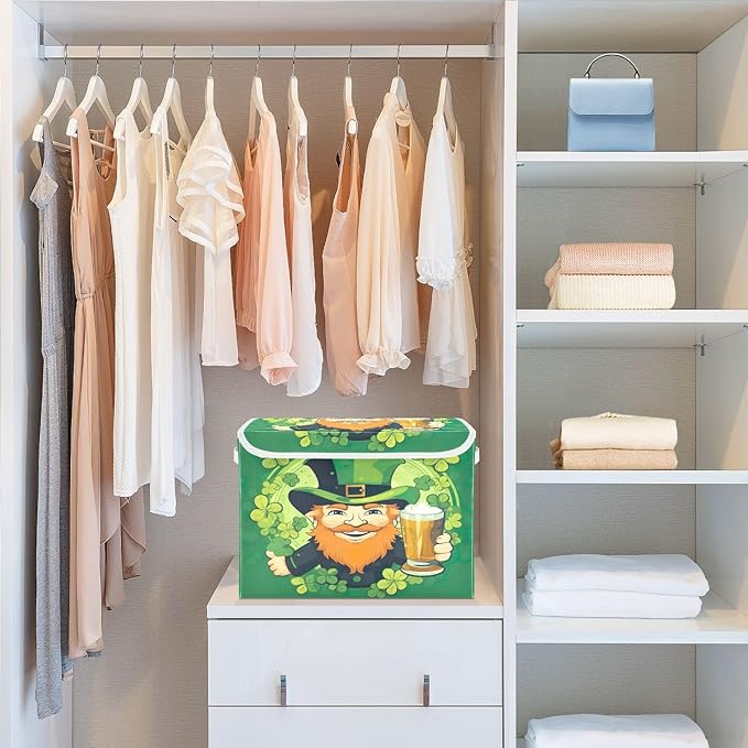 Christmas Storage Baskets with Lids Leprechaun Collapsible Bins Stackable Fabric Linen Baskets Closet Organizer Container 16.5x12.6x11.8