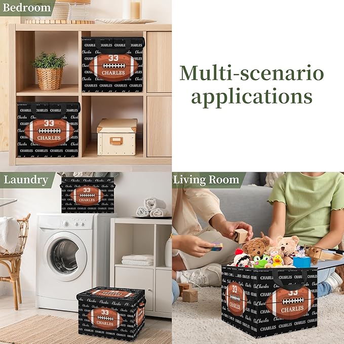 American football Custom Storage Bins with Lid Foldable Fabric Personalized Storage Basket Box with Handle Storage Organizer Container for Home Bedroom Closet
