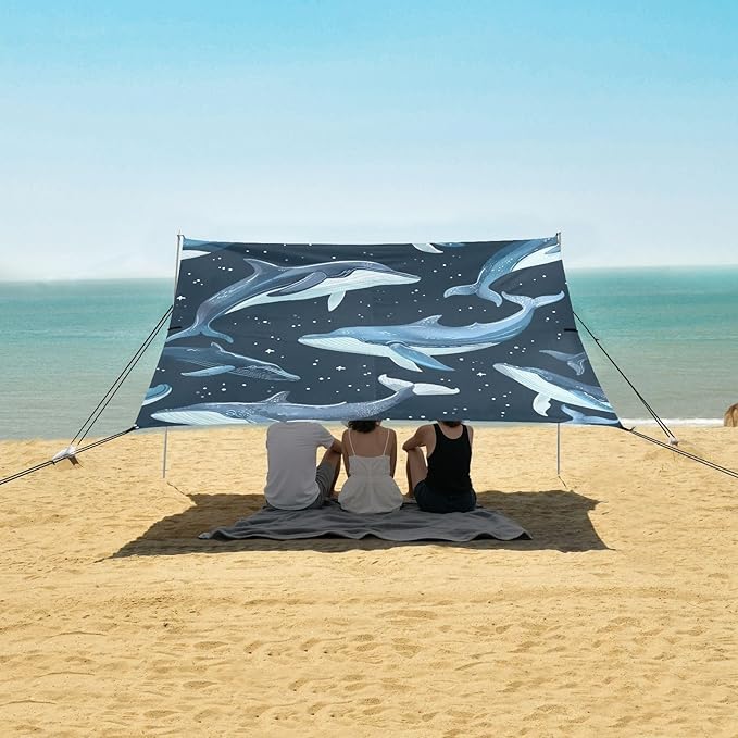 ALAZA Whale Polka Dots Beach Tent Sun Shelter UPF50+ Protection Beach Shade Canopy w/ 4 Sandbags for Outdoor Camping Fishing Backyard Fun Picnic 10x9 ft