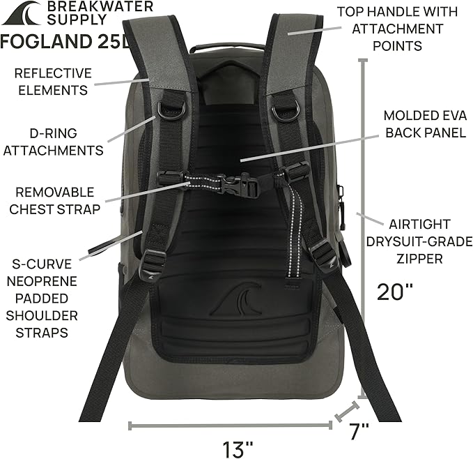 Breakwater Supply™ Fogland Waterproof IP68 Submersible Backpack | Laptop Sleeve &amp Airtight Zippers for Work Travel Outdoors Boating Hiking Floating Dry Bag Unisex TPU (Charcoal 25L)