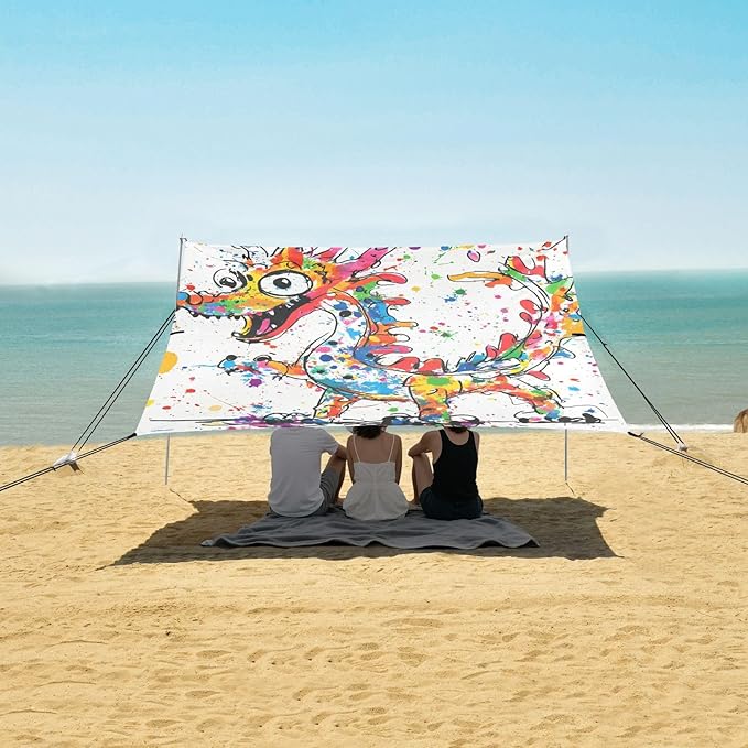 Funny Dragon1 Beach Cabana UPF50+ Protection Waterproof Shade Sun Shelter with Sand Pockets for Backyard and Camping