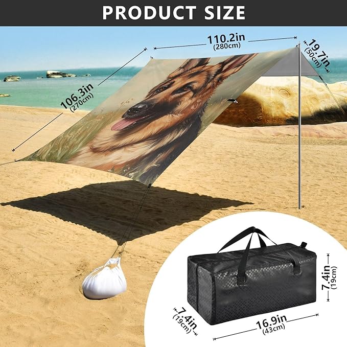 ALAZA German Shepherd Dog on Grass Beach Tent Sun Shelter Portable Canopy Sunshade for Outdoor Camping Picnics Backyard Fun 10x9 ft