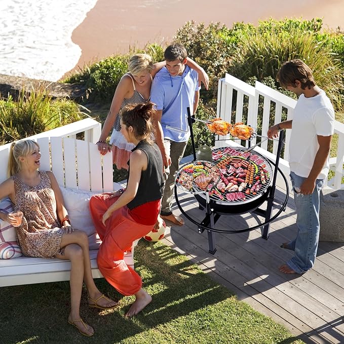 ROVSUN 33'' Outdoor Fire Pit with 2 Grills Wood Burning Round Firepit with Swivel Cooking Grate Removable Swivel Grill for Backyard Patio Picnic BBQ and Parties