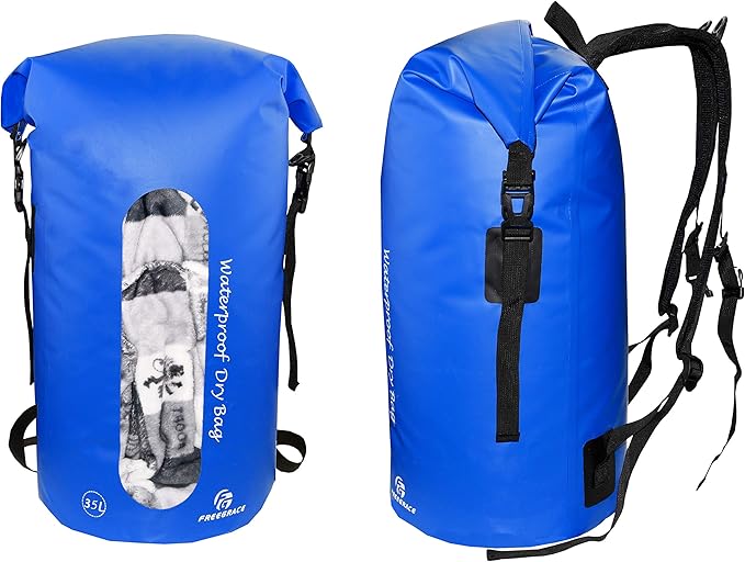 Freegrace Waterproof Dry Bag Set of 3 - Submersible Dry Sack with Double Zip Lock Seals - Includes Waist Pouch &amp Phone Case - Perfect for Kayaking Swimming Boating &amp Rafting (Window Navy Bl