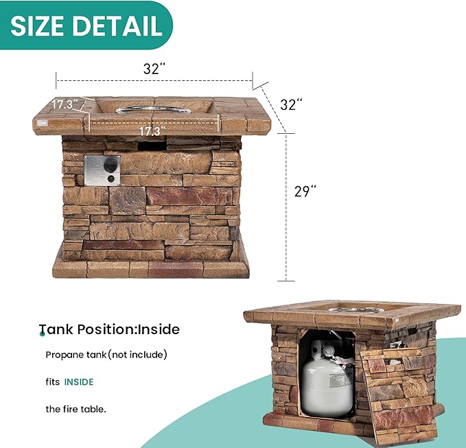 32 Outdoor Propane Fire Pit Square Stonecrest Gas Firepit for Outside Patio Concrete Propane Fire Table 50000 BTU Gas Fire Pits with Lava Rocks CSA Certified Blue Fire Glass