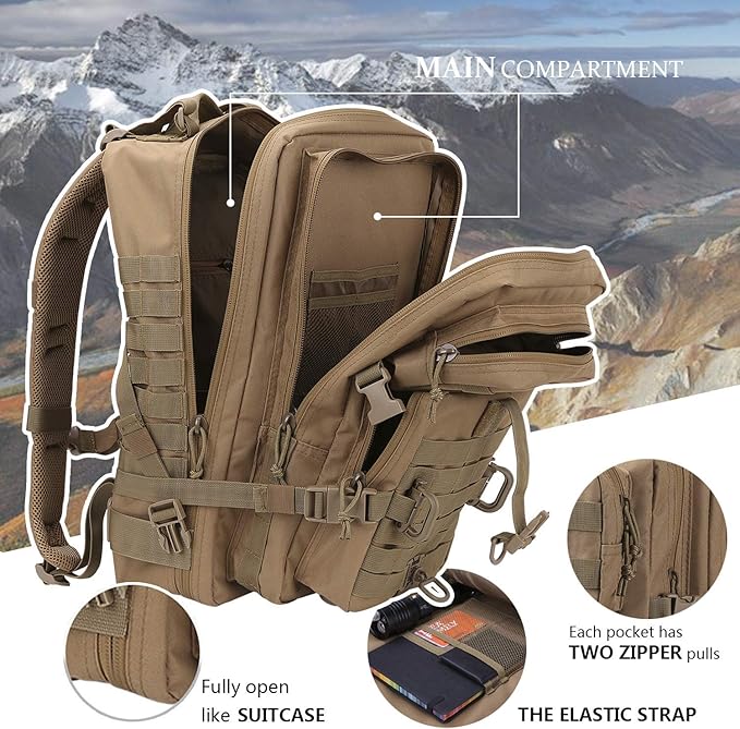 Hannibal Tactical MOLLE Assault Pack Tactical Backpack Military Army Camping Rucksack 3-Day Pack Trip w/USA Flag Patch D-Rings Coyote