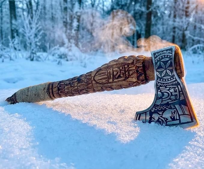 | Custom Handmade Viking Medieval Axes with GiftHand Ax Gifts for MenCamping TomahawkBeardedValhalla Axe with Leather Sheath (Battle Axe) (Handmade)