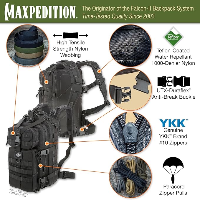 MAXPEDITION Falcon-II Backpack 23L Tactical Backpack Survival Pack Bug Out Bag MOLLE Go Bag for EDC 0513
