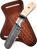Handmade Damascus Steel Bull Cutter with Pancake Leather Sheath Fixed Blade Cowboy Knife with Bone/Walnut Handle Utility EDC Hunting Knife (Camel Bone)