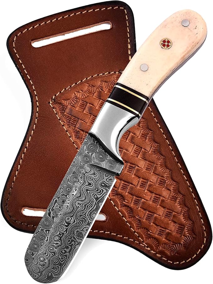 Handmade Damascus Steel Bull Cutter with Pancake Leather Sheath Fixed Blade Cowboy Knife with Bone/Walnut Handle Utility EDC Hunting Knife (Camel Bone)