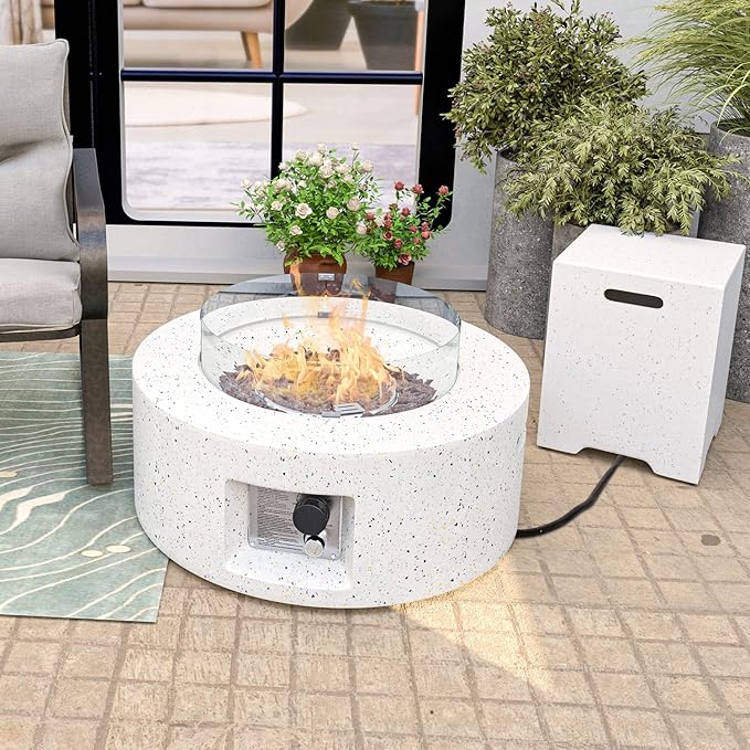 HOMPUS Outdoor Propane Fire Pit 40000 BTU 42-inch x 17-inch Round Concrete Gas Fire Table Outside Smokeless Firepit with Tank CoverWind GuradLava Rocks and Rain Cover for GardenDeckBackyard