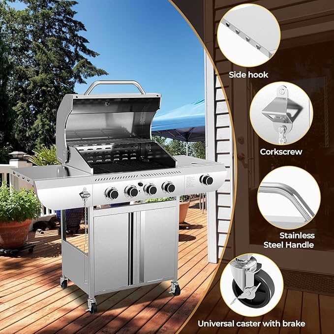 R.W.FLAME 4-Burner Gas Grill with Side Burner Stainless Steel Propane Grill 42000BTU for Outdoor Cooking with Porcelain-Enameled Cast Iron Grates Baking Pan Silver