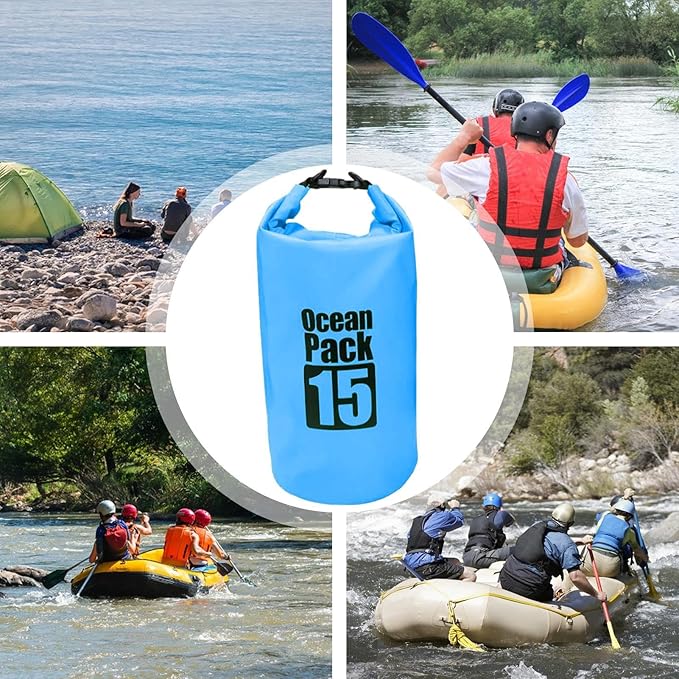 Waterproof Dry Bags for Beach 15L Roll Top Fishing Storage Water Sports Dry Sack for Kayakers Boaters Swimmers Fishermen Rafters Surfers Travelers Hikers Beach Trips Boating Swimming Kayaking