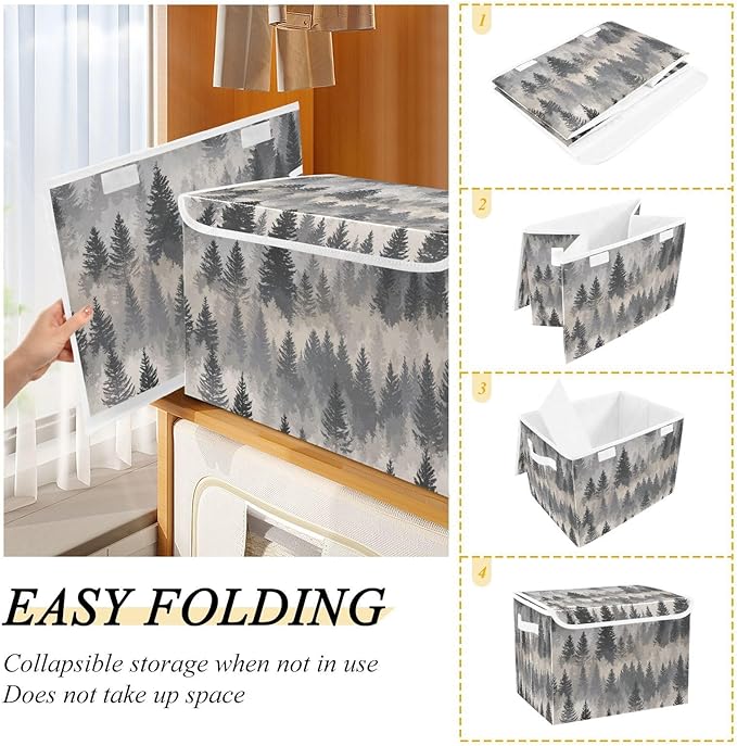 Storage Bins with Lids Storage Containers Box Organizer Bin Basket with Handles for Closet Shelves Clothes Stackable Foldable Decorative Gray Simple Pine Tree Forest