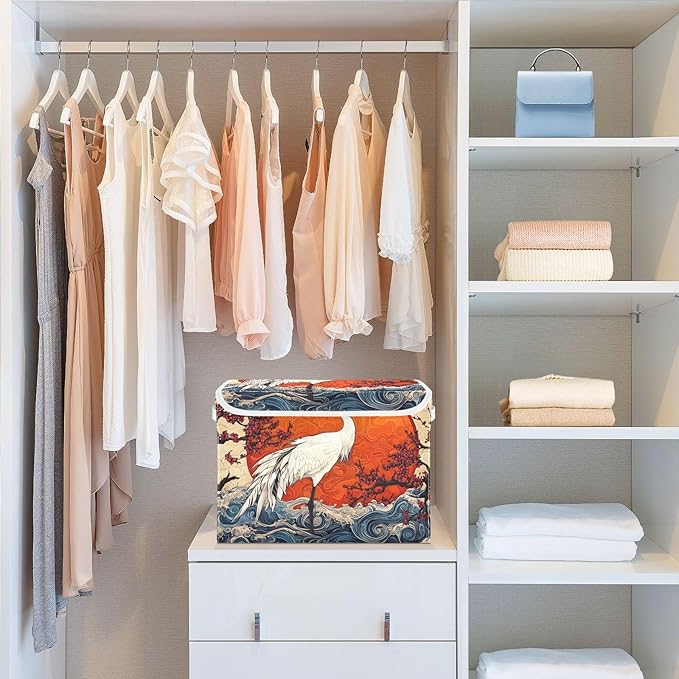 Collapsible Storage Bins Crane Waves Cherry with Lids &amp Handles Foldable Storage Boxes Basket with Flip-Top Lid for Home Office 16.5” x 12.6” x 11.8”