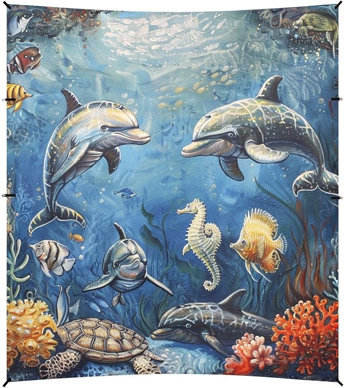 ALAZA Marine Dolphins Fish Seahorse Turtles Beach Tent Sun Shelter Portable Canopy Sunshade for Outdoor Camping Picnics Backyard Fun 10x9 ft