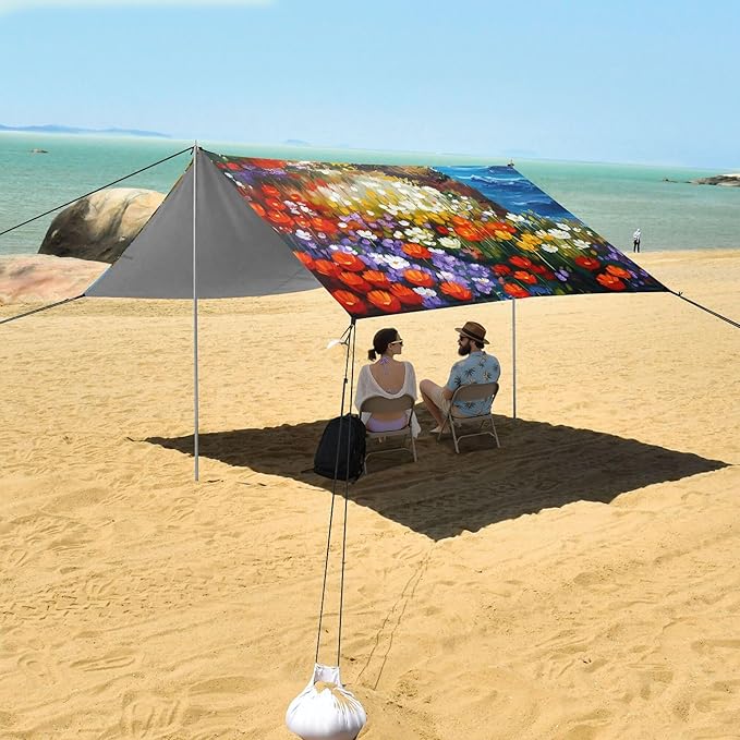 Landscape Beach Canopy Sun Shelter with Sandbags &amp Sand Shovel &amp Windproof Ropes - Portable 110x126 Beach Shade Beach Tent for Camping Picnics
