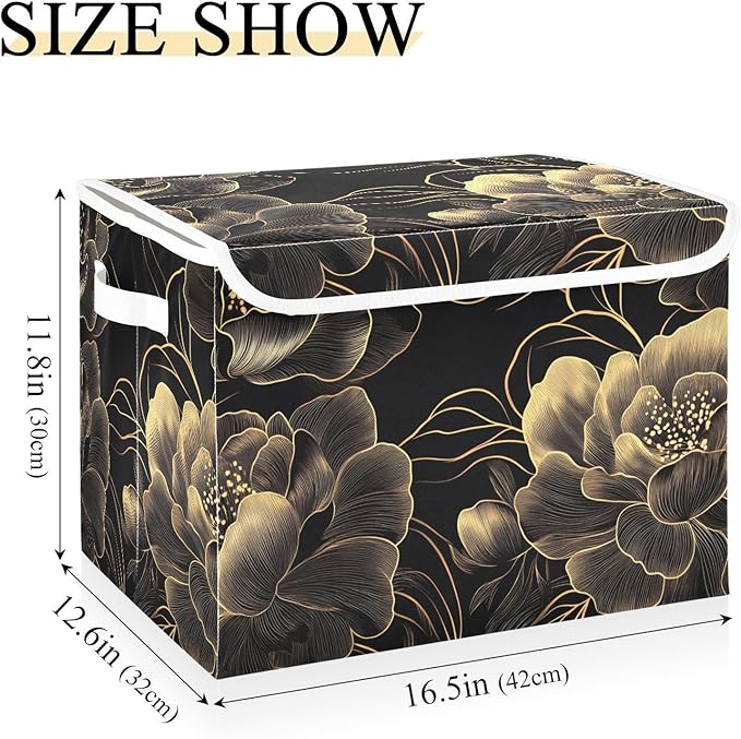 AIXIWAWA Storage Cube with Lid (Gold Black Floral) Fabric Foldable Closet Bins with Flip Lid and Handles Organizer Basket Container 16.5 x 12.6 x 11.8 IN