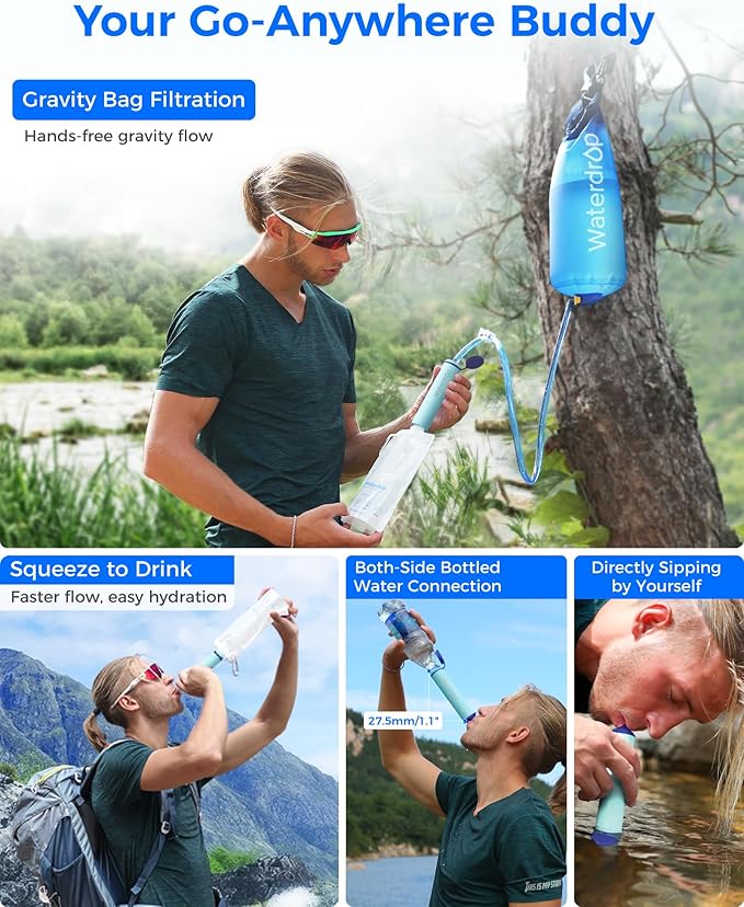 Waterdrop Gravity Water Filter Straw Camping Water Filtration System Water Purifier Survival for Travel Backpacking and Emergency Preparedness 1.5 gal Bag 0.1 Micron Light Blue