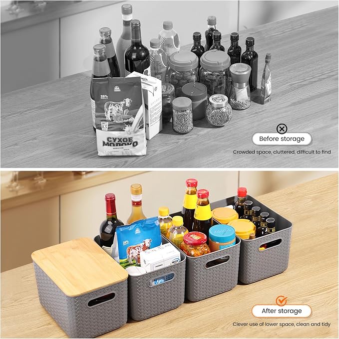 Ohmlove 4 Packs Storage Bins with Bamboo Lids - Plastic Storage Containers with Lids Stackable Storage Box：Storage Baskets for Organizing Desktop Closet Playroom Classroom OfficeGray