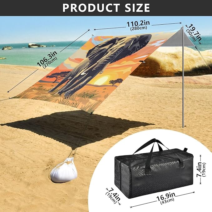 ALAZA African Elephant Sunset Beach Tent Sun Shelter UPF50+ Protection Beach Shade Canopy w/ 4 Sandbags for Outdoor Camping Fishing Backyard Fun Picnic 10x9 ft