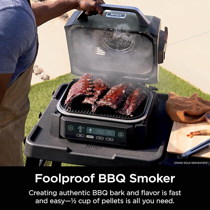 Ninja Woodfire Outdoor Grill &amp Smoker 6-in-1 Functionality Grill Smoke Bake Roast Air Fry Broil Authentic Woodfire Flavors Electric Heat OG321