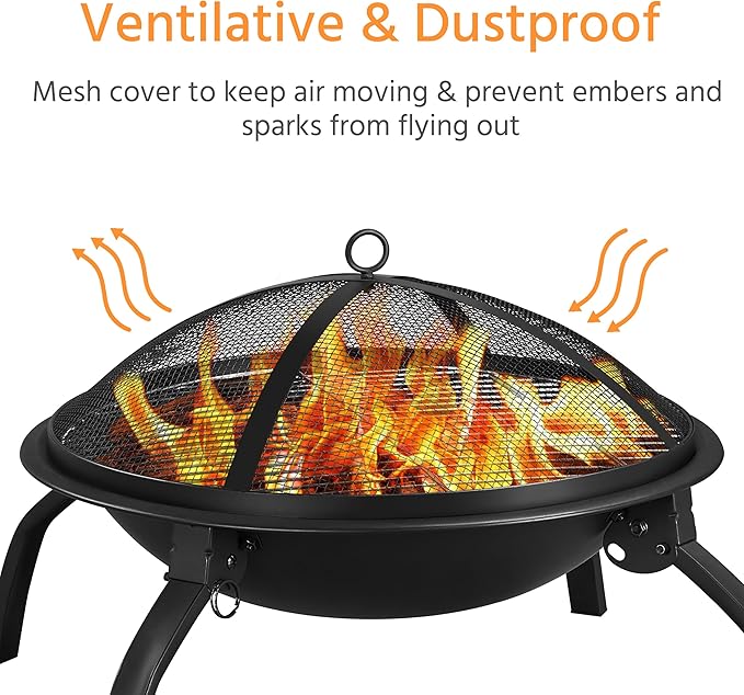 Yaheetech Fire Pit 22in Folding Firepits BBQ Fireplace with Steel Grill Cooking Grate and Poker for Outdoor Camping &amp Bonfire
