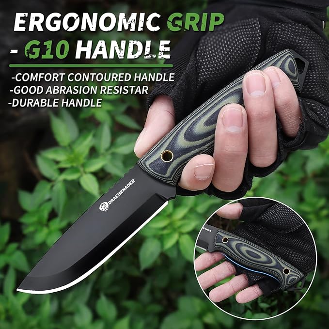 Fixed Blade Survival Knife with Fire Starter Whistle &amp Compass Full Tang D2 Steel Blade Horizontal Carry Sheath for Outdoor Sports