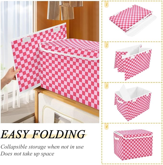 Light Pink Checkerboard Storage Baskets Lidded Bin Foldable Storage Boxes Cubes Lids with 2 Handles for Organizing Closet Home Office