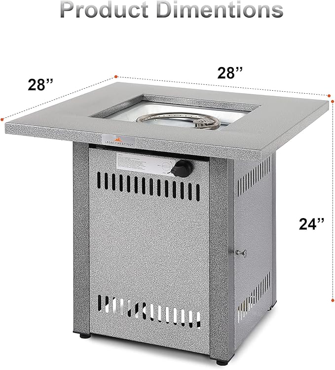 LEGACY HEATING Gas Fire Pit Table 28 inch Outdoor Propane Fire Pit Table 50000 BTU 28 Square Fire Table with Lid &amp Lava Rock Silver Grey Texture for Outside Patio Yard Party Balcony and Lawn