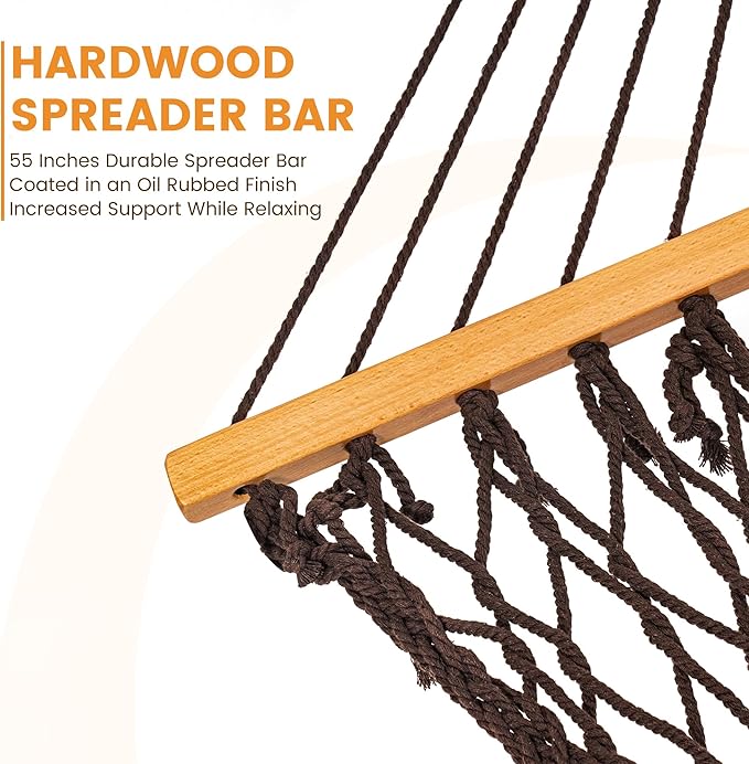 Lazy Daze Hammocks Double Rope Hammock 2 Person Traditional Outdoor Hand Woven Cotton Rope Hammock with Spreader Bar Carabiners Tree Straps Chains for Patio Yard - Max 450 Lbs Dark Brown