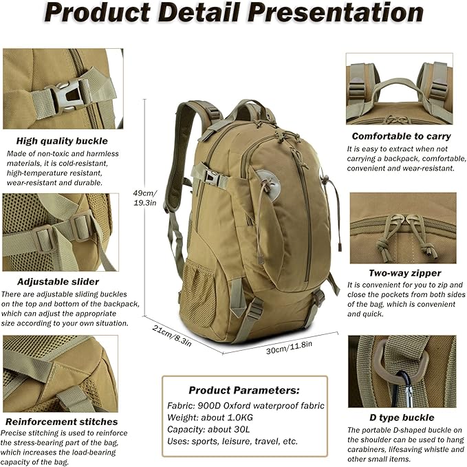 Military tactical backpack30L Large Assault PackMilitary Army Rucksack3 Day Bug Out Bag for outdoor hiking hunting (CamoA)