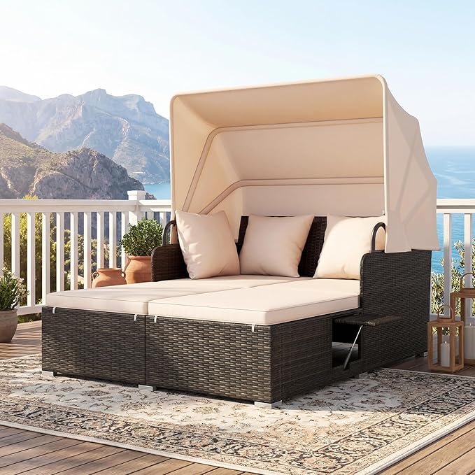 Tangkula Patio Rattan Daybed with Retractable Canopy Outdoor Wicker Sunbed with 2 Foldable Side Tables Thick Seat &amp Back Cushions Outside Double Daybed for Garden Backyard Porch Beige &amp
