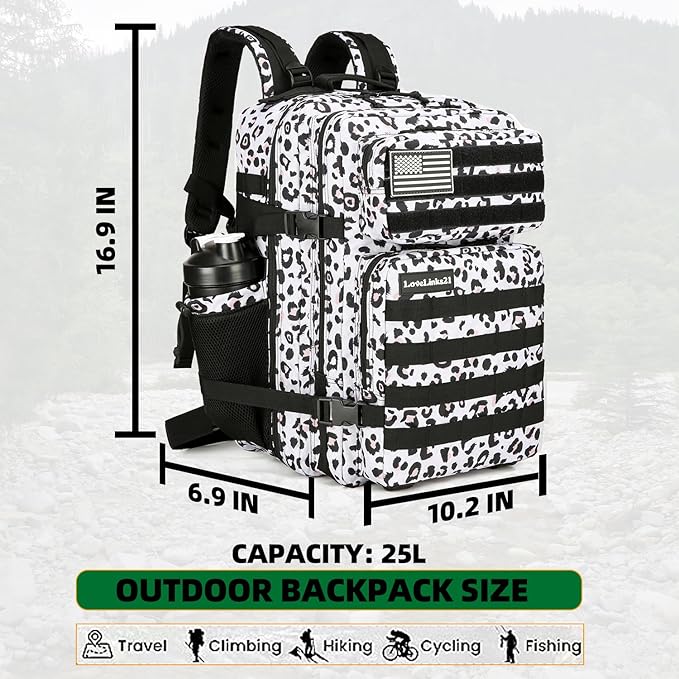 Lovelinks21 25L Tactical Backpack Military Tactical Backpack for Men and Women Small Assault Pack Outdoor Travel Hiking Camping Rucksack with Molle Webbing (White Leopard)