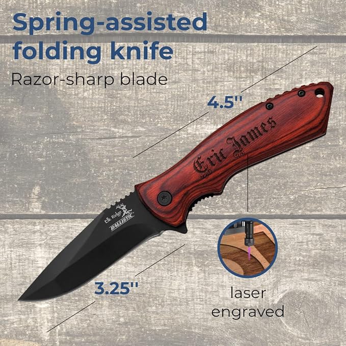 Sofia's Findings Personalized 7.75 Spring Assisted Folding Knife with Wood Handle