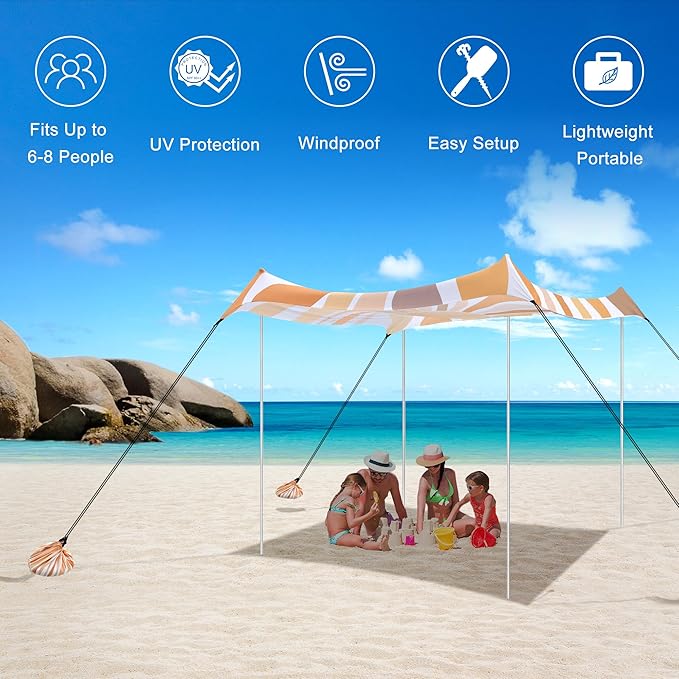 Beach Tent UPF 50+ Beach Canopy Sun Shade Portable 10×10 FT Large Pop-Up Beach Tent Sun Shelter with Sand Anchors Ground Pegs Easy Setup for Beach Camping Park and Backyard Fun - Sunflower