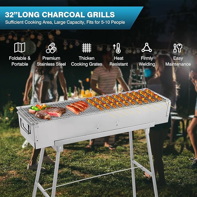 IRONWALLS Portable Charcoal Grills 32 x 8 Stainless Steel Folded Camping Grill Kebab Skewer Barbecue Grill Kit for Garden Backyard Party Picnic Travel Home Outdoor Cooking Use